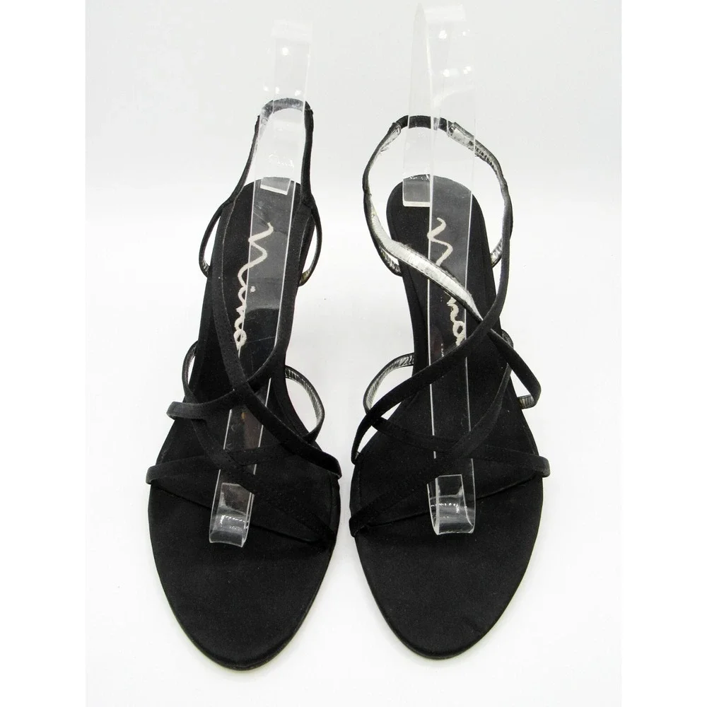 Nina Women's Strappy Black Fabric 3.5 Inch Heels Leather Soles Size 7M